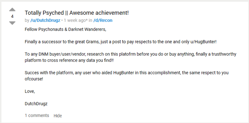 Positive feedback from Dread user DutchDrugz