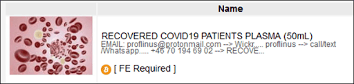 Advertisement for a recovered patient’s plasma on Empire marketplace