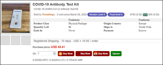 COVID-19 antibody test kit advertised on Empire marketplace