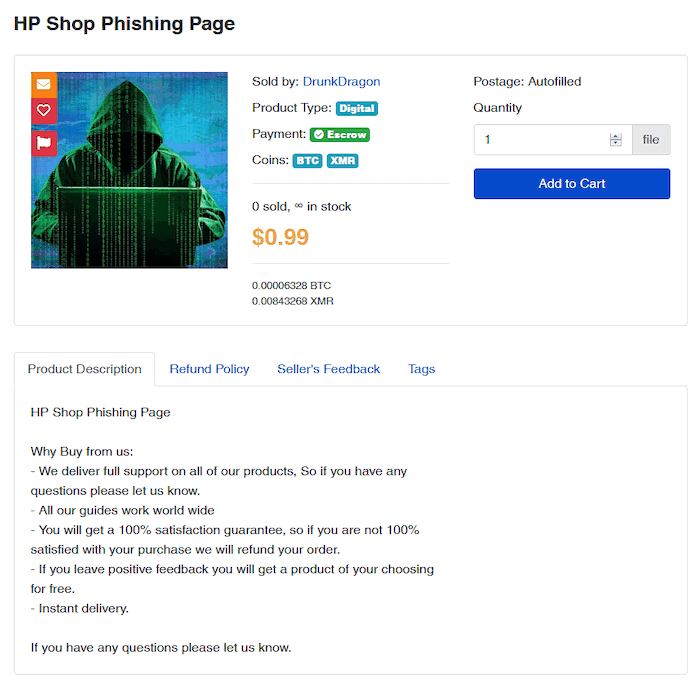 Tor2Door user offering an HP Shop phishing page