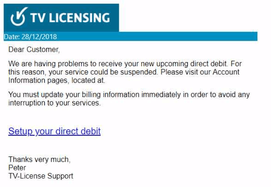 Example of TV license scam email