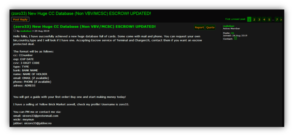 CC database advertised on dark web forum