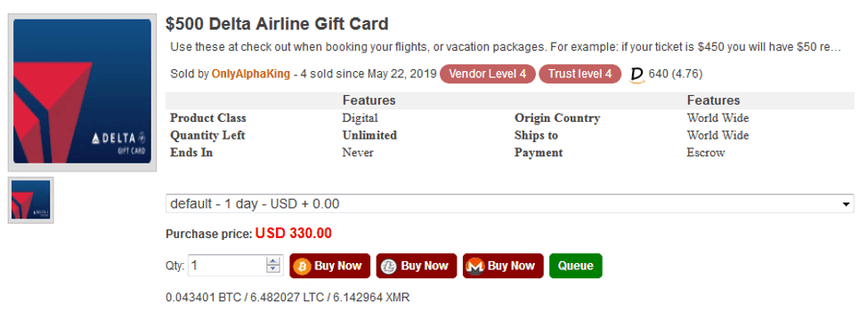 Delta gift card sold on Empire dark web market