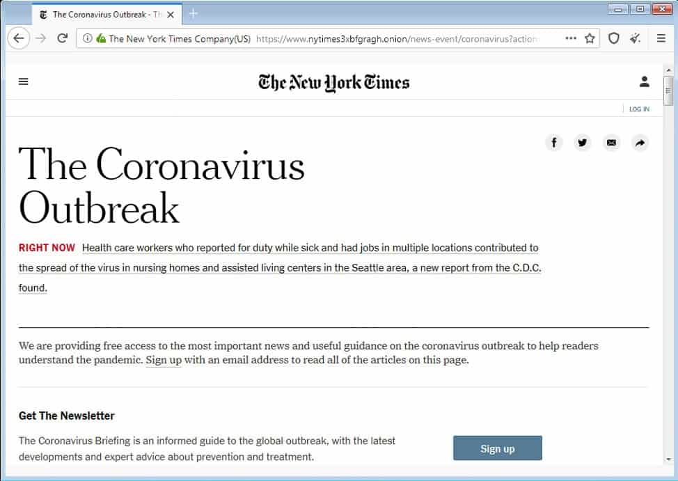 COVID-19 article on The New York Times dark web mirror