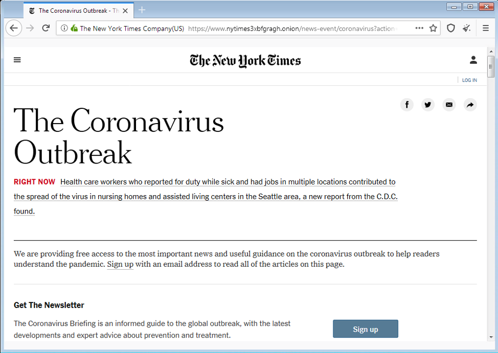 COVID-19 article on The New York Times dark web mirror