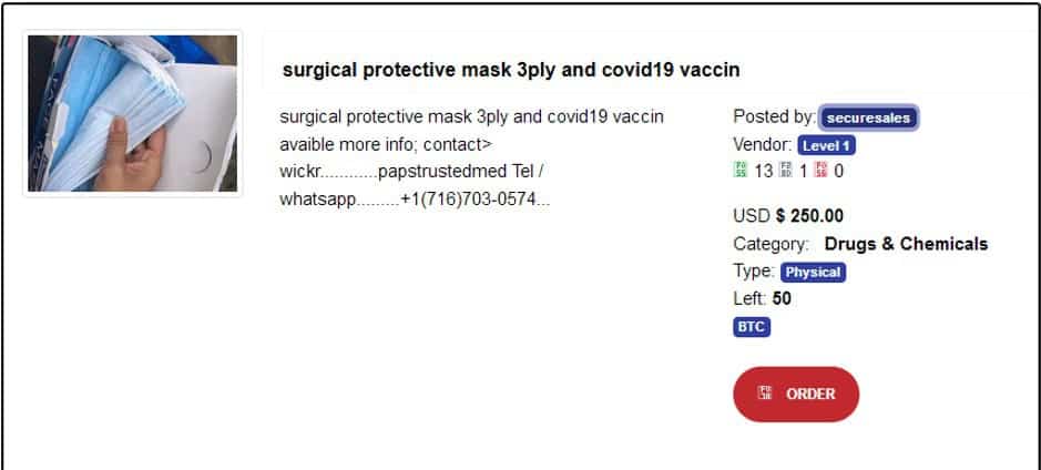 Marketplace listing offering a coronavirus vaccine