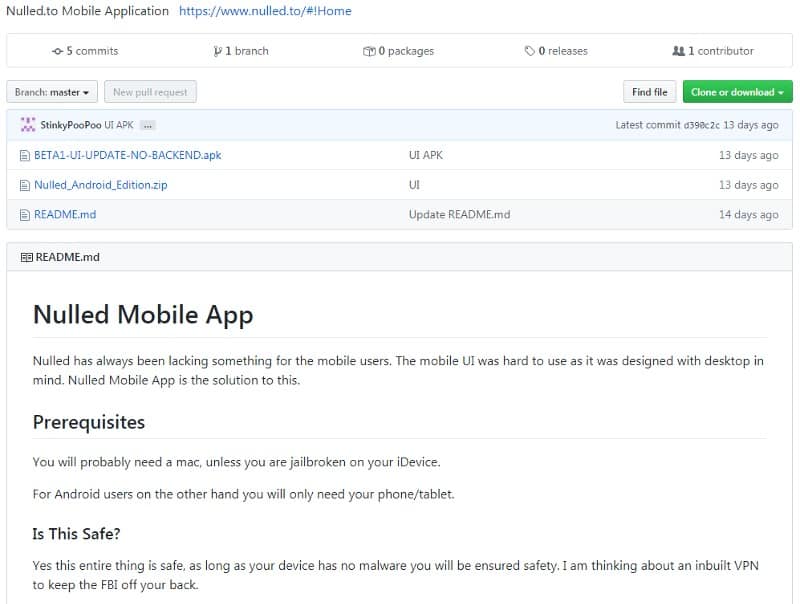 GitHub page outlining the premise of the Nulled app