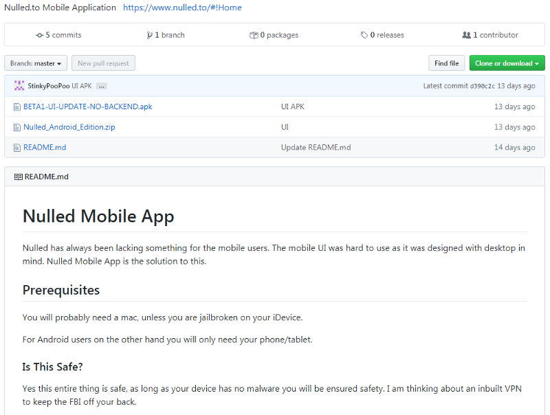 GitHub page outlining the premise of the Nulled app