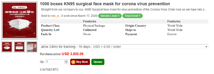 Face masks and chloroquine for sale on Empire market