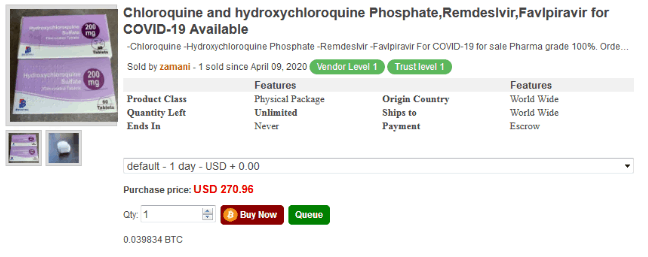 Face masks and chloroquine for sale on Empire market