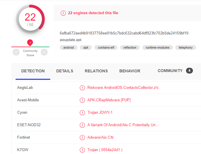 Malicious signatures detected in the downloaded aioupdate.apk file