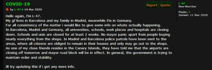User on Torum talking about the impact of the virus in Spain and Germany