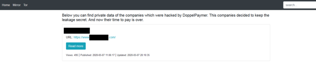 Screenshot of the DoppelPaymer leak site