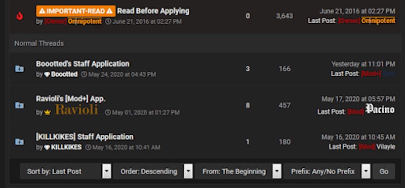 RaidForums’s moderator recruitment section showing active applications