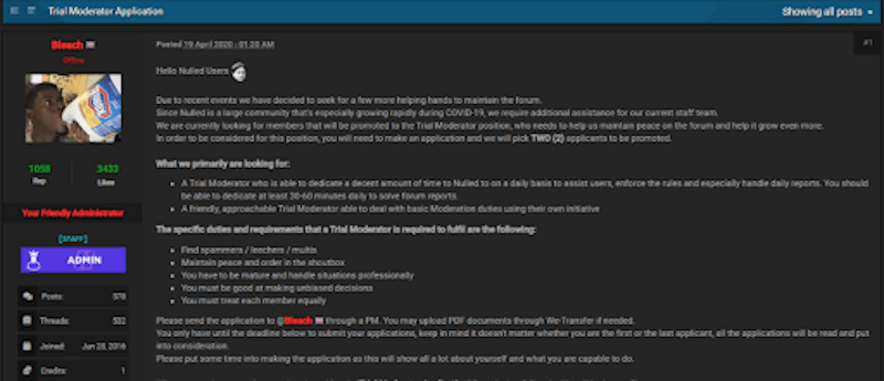 Nulled forum calling for new trials moderators