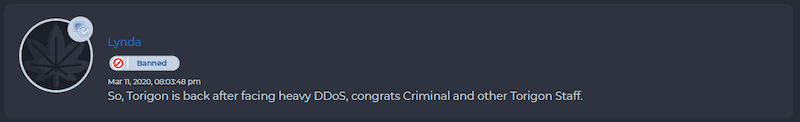 Torigon affiliated member announcing on Envoy that the site was active in March 2020 following a DDoS event