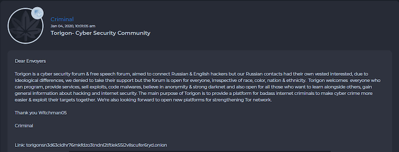Torigon admin stating that the forum had “ideological differences” with their Russian counterparts