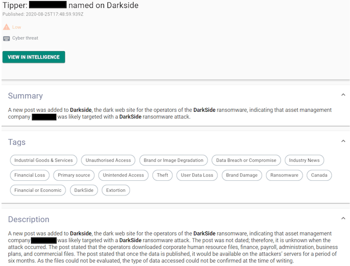 Digital Shadows Intelligence Alert affected by DarkSide