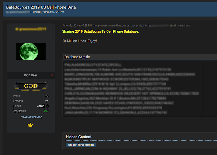 RaidForums user sharing large US phone database