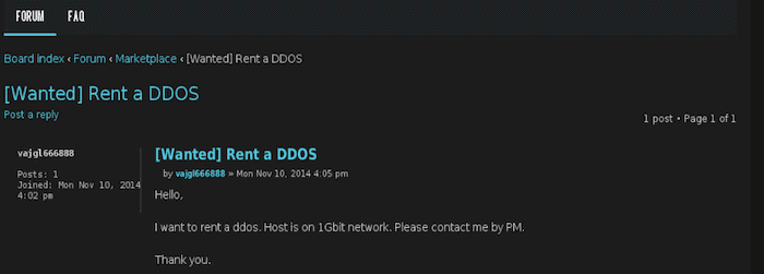 Cybercriminal forum user requesting to rent a DDoS
