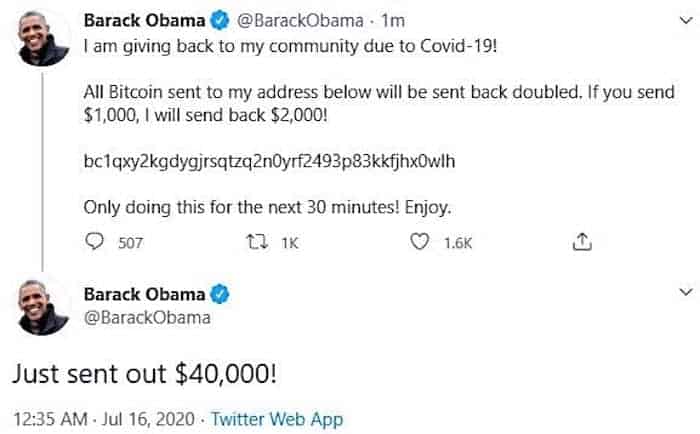 Screen capture of Barack Obama’s compromised account