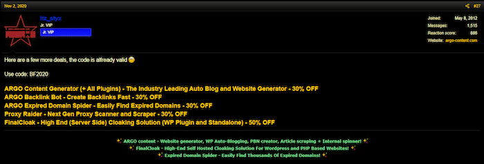BlackHatWorld user offering Black Friday discount codes