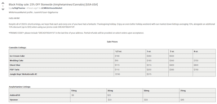 Discounted drugs listing on Dread