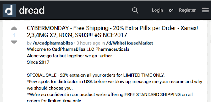 Discounted drugs listing on Dread