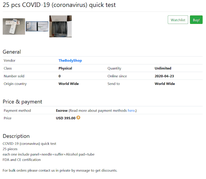 Coronavirus tests advertised on Big Blue Market