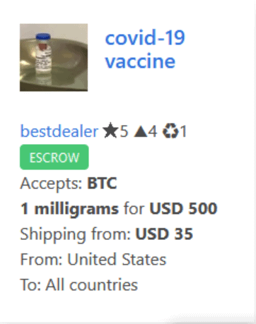COVID-19 Vaccine for sale on dark web marketplace Corona Market
