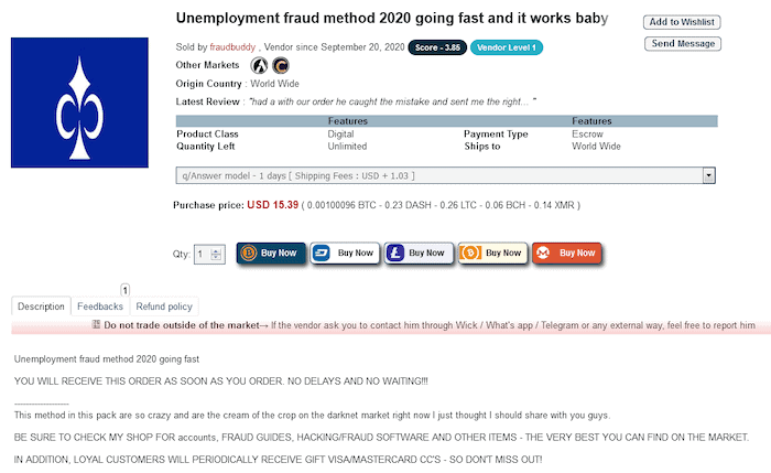 Unemployment fraud method advertised on Exploit Forum