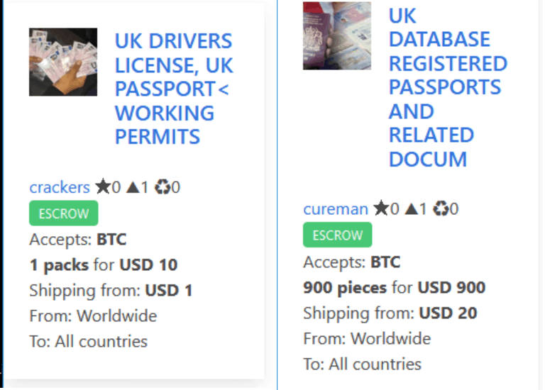 Fake UK passports for sale on Corona Market