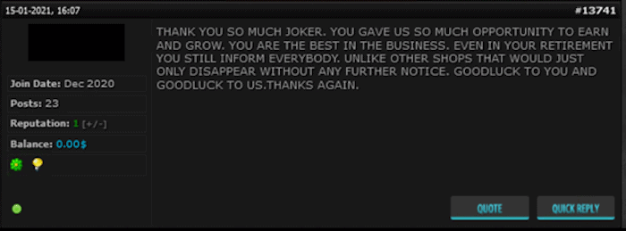 Typical forum post thanking Joker’s Stash for the services