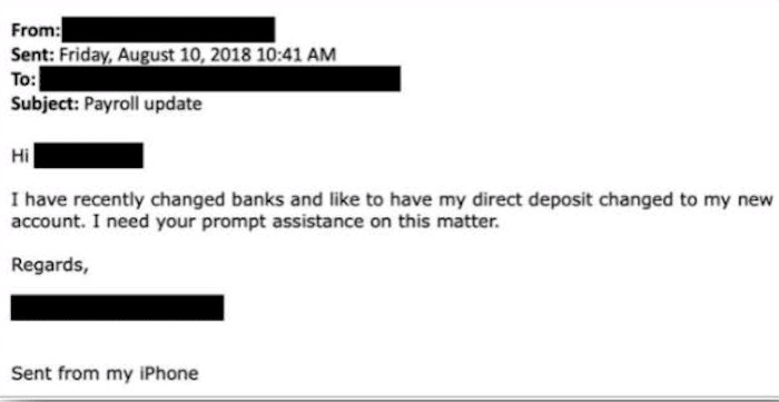 Example of spoofed employee email payroll scam