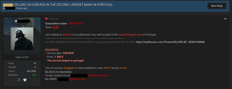 Threat actor advertising an OOB RCE for a Portuguese bank on a cybercriminal forum