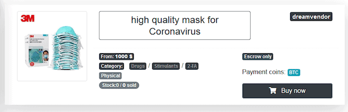 Coronavirus masks advertised on Neptune market