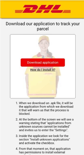 Prompt to download fake DHL app