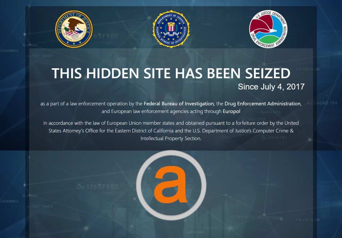 Law Enforcement left their mark on AlphaBay’s home page, following its take down in July 2017. (Source: FBI)