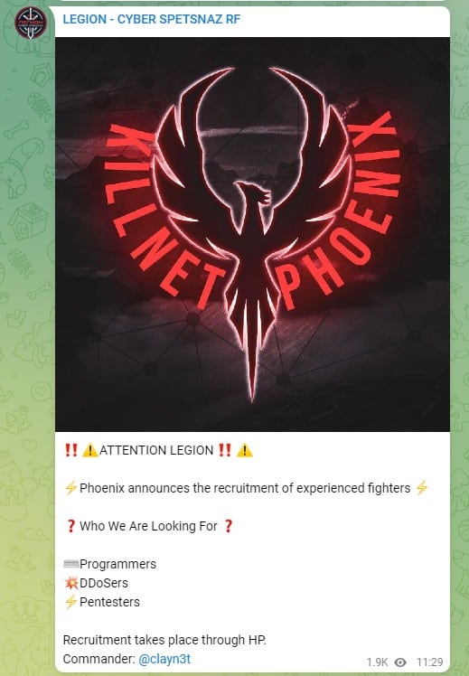 Legion recruiting for the Phoenix squad on Telegram